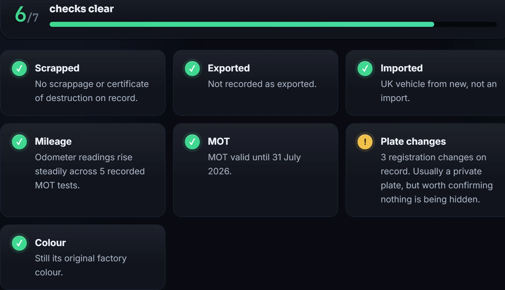 Report screen: seven history checks with six of seven clear