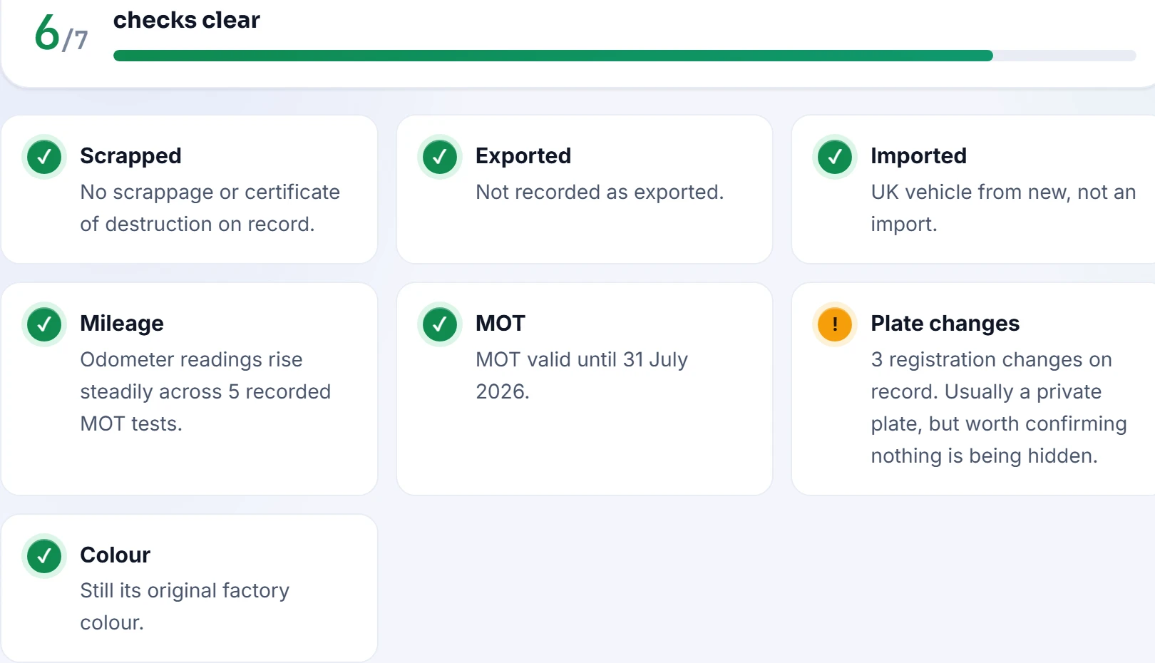 Report screen: seven history checks with six of seven clear